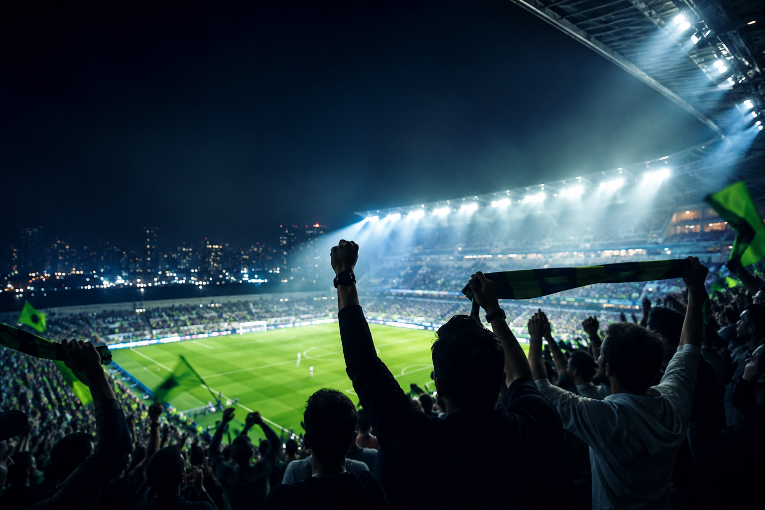 Supporters watching a night football match